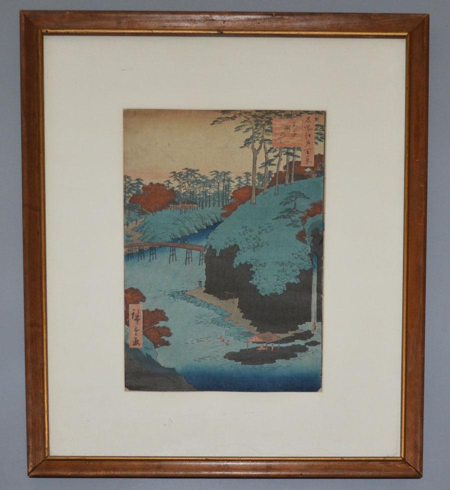 Ando Hiroshige Bridge Scene Woodblock Print: Frame: 21.5" x 17 5/8" image sight: 13 5/8" x 19 1/8"