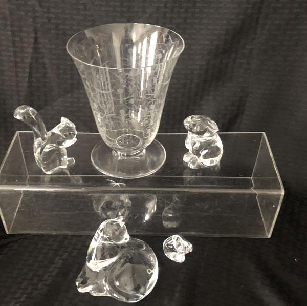 Lot Of Baccarat Vase & Animals ( Cats, Rabbit, Squirrel: The animals vary from 2"(H) - 4.5"(H).The vase measures 7"(H). All in very good estate found condition.