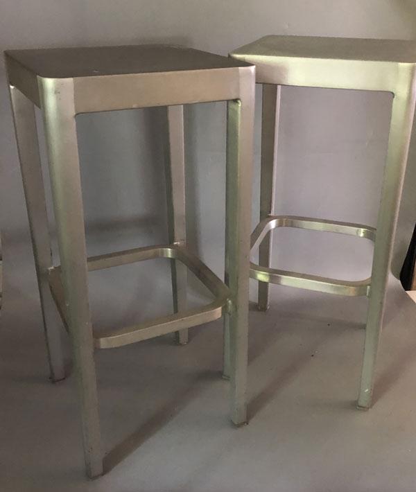 Pair Of Interesting Mid Century Emeco Barstools: The Museum of Modern Art Philippe Starck and Emeco stool for the “Mies Van der Rohe in Berlin” retrospective. Made of: Recycled Aluminum. Product is eco-friendly. 30"t x 14" x 14". With some wear 