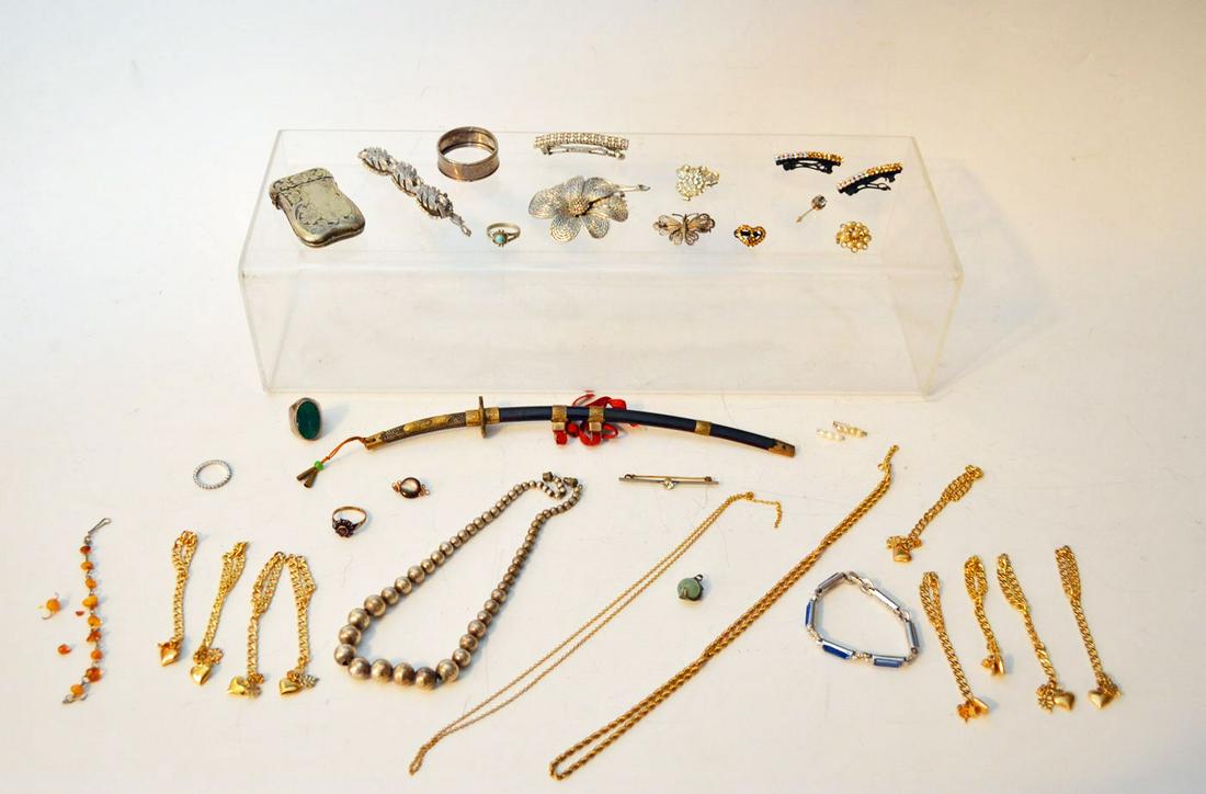 Nice Lot of Vintage Costume Jewelry & More: Lot of misc. costume jewelry, mini sword, sterling ring, napkin ring, and more