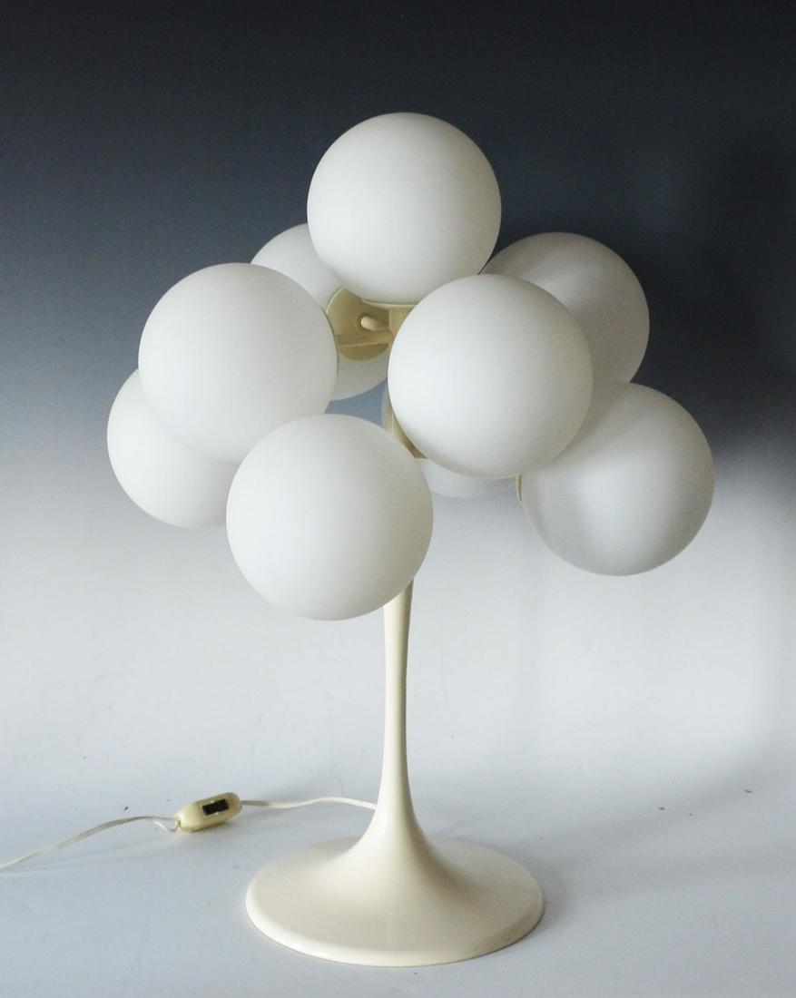 Mid Century Modder Max Bill 8 Light Lamp: Measures 26" tall x approximately 19" across. Base has some scuffing. 2 shades have rubbing transfer.