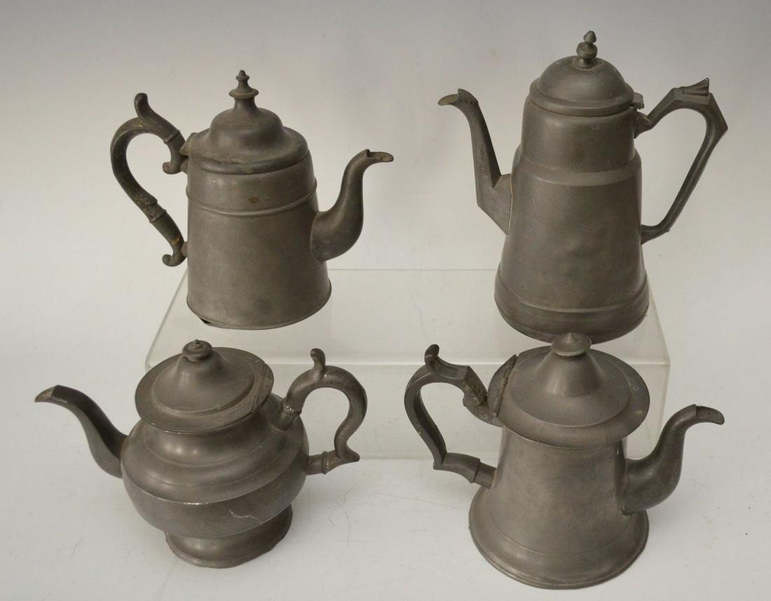 4 Early Antique Pewter Teapots & Coffee Pots: Smallest measures approximately 7 inches tall, The tallest measures approximately 10 inches tall. All in estate found condition with denting, one has a crack to the base etc. did not find any makers m