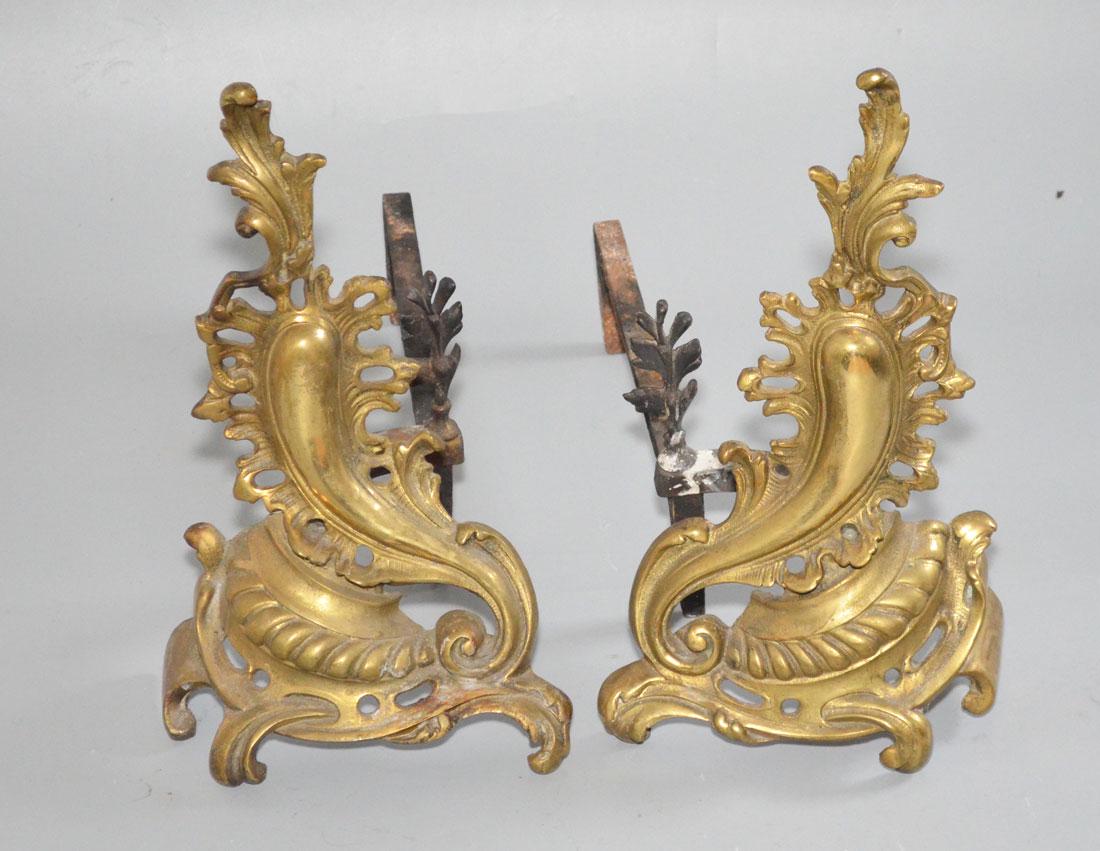 Pair of Fireplace Chenets / Andirons: They measure 16.5" tall x 10" long x approx. 19.5" and 20.5" deep