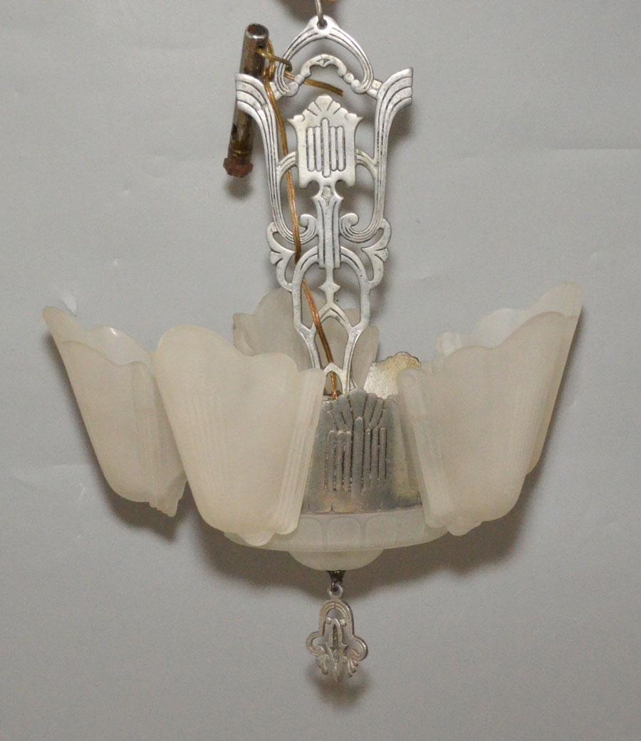 Aluminum Art Deco Glass Slip Shade Chandelier: Small deco chandelier measures approximately 22 inches tall by 17 inches across. Very nice overall condition.