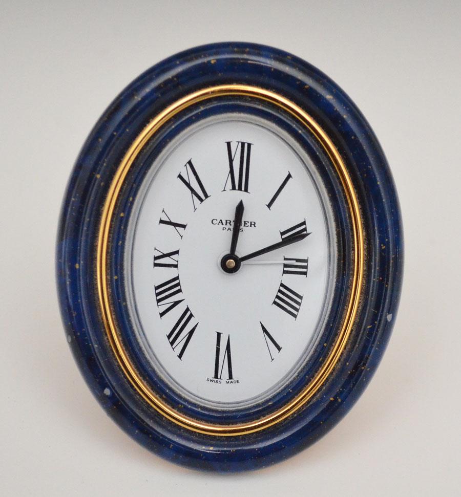Cartier Baignoire Travel Alarm Clock: Measures 3.5" tall, has some chipping to Lapis color enamel