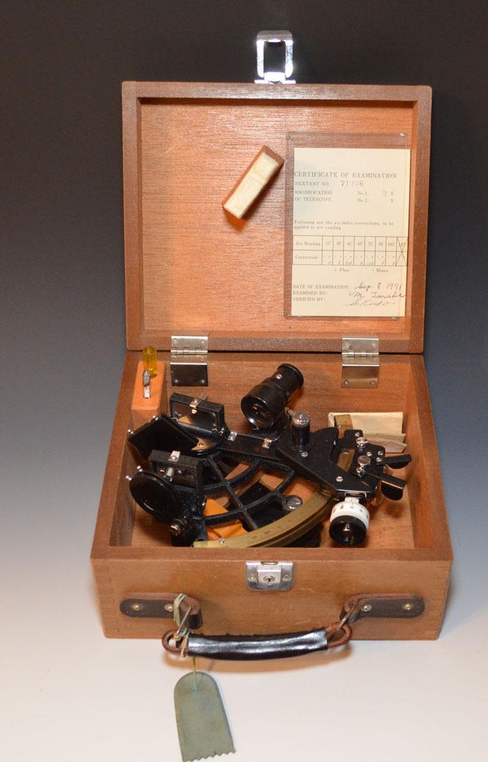 Japanese World War II Marine Sextant: The box measures 5.25"(H) x 9.25"(L) x 8.5"(D). In very good estate found condition. Sextant No. 71776