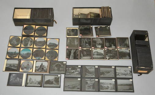 Large Lot of Magic Lantern Slides: Lot includes approximately 66 slides on Japan, approx. 36 TH McAllister manufacturing optician Nassau st NY including Westminster Abby, the crown jewels tower of London and more. Approx. 63 slides on