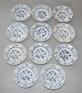 11 Antique Meissen Soup Bowls: They measure 9.25" diameter x 1 7/8" tall. They have some minor utensil/stacking wear to bottoms of the bowls, nothing super noticeable.