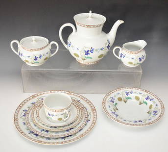 Haviland Limoges Imperatrice Eugenie: Lot includes: Teapot (7.25"t), Creamer & sugar (S:3.75" C:3"), 10 dinner plates (10 1/8"D, one with chip), 11 sandwich plates (7 5/8"), 11 dessert plates (6 3/8"), 11 cups and saucers(2 are slightly s