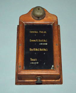 The Dakota Building NYC Service Bell Doorbell: Measures 16" x 9" x 4.25"deep (excluding bell). In estate found condition, loose hands are in the bottom of case, top bell portion is loose of wood.