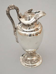 Irish Sterling Silver Wine Pot: Grape & leaf motif throughout. Measures 12.5" tall. Marked "Dublin" un bottom, hallmarked. weighs 927.6 grams. Has a few dents