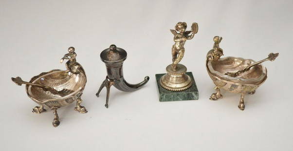 Lot Of 4 Sterling & 800 Silver Ornate Putti Items: Lot includes: pair of Hanau 800 silver shell form with putti open salts (2.5"t), 800 silver cherub (3"t) and a Swedish sterling drinking horn (2.5"t).