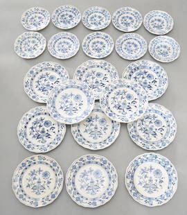 Meissen Blue Onion Butter & Luncheon Plates: Lot includes 10 bread and butter plates (6 3/8" diameter) and 10 luncheon plates (8.5" diameter). In nice overall 1 quality estate found condition, larger plates have some utensil/stacking marks,