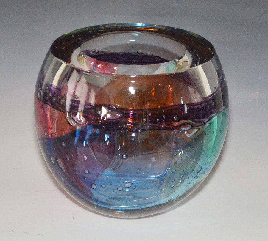Large Art Glass Bowl Signed Leon Applebaum: Measures approximately 8.5 inches tall by 7.75 inches diameter at the top. Has a chip on the edge of the top. Bottom has wear