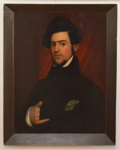 19th Century Sea Captain Portrait Painting: Sitter assumed to be Whaling ship "Eve" Captain Jo-Sprig. Painting on board circa 1833, in the manner of Ammi Phillips. Frame: 34.25" x 26.25" image sight: 29.5" x 21.5"