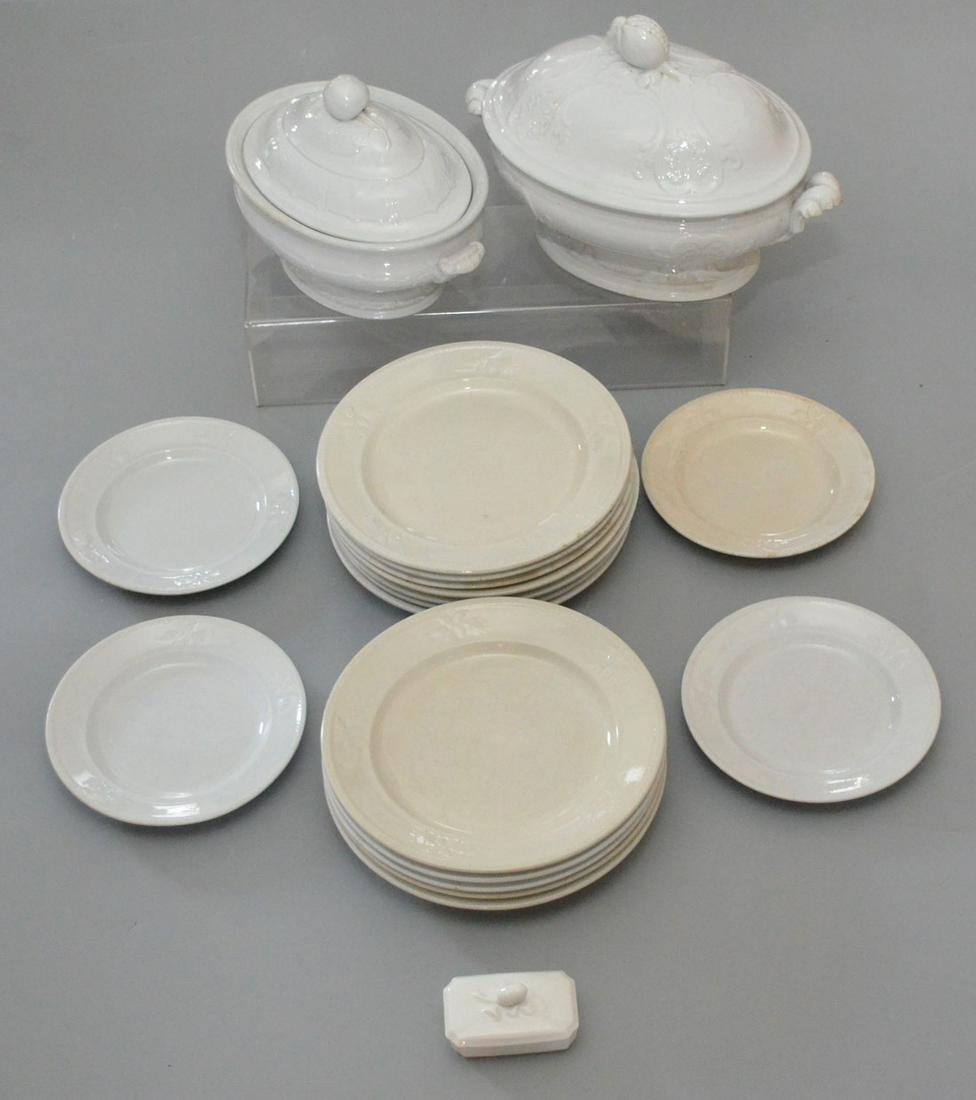 Nice Group of Ironstone China (Tureen, Plates): Lot includes: 12 J& G Meakin plates 9 7/8" diameter, all with varying levels of crazing/yellowing. 4 Meaking salad plates 7.5" idmaeter. An acorn lid box 2"t, Hanley pomegranate lid tureen (approx 8.5