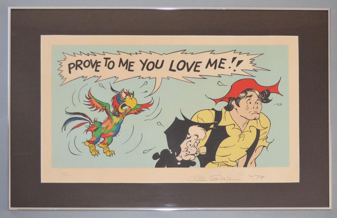 Al Capp Signed & Numbered Print: 1974. 237/250. Frame: 40" x 26.75" image sight: 31 5/8" x 19.25". Plexi has some scratching.