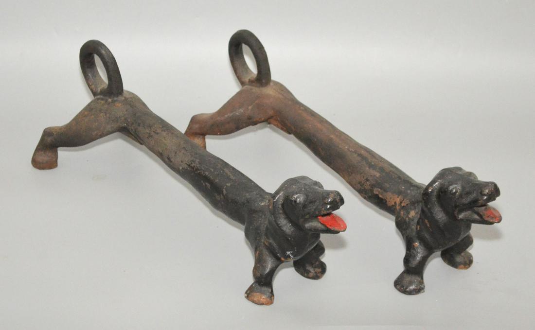 Pair of Cast Iron Dachshund Dog Andirons: they measure 20.5" long nose to tail x 8" tall at tallest point x 7" wide at widest points