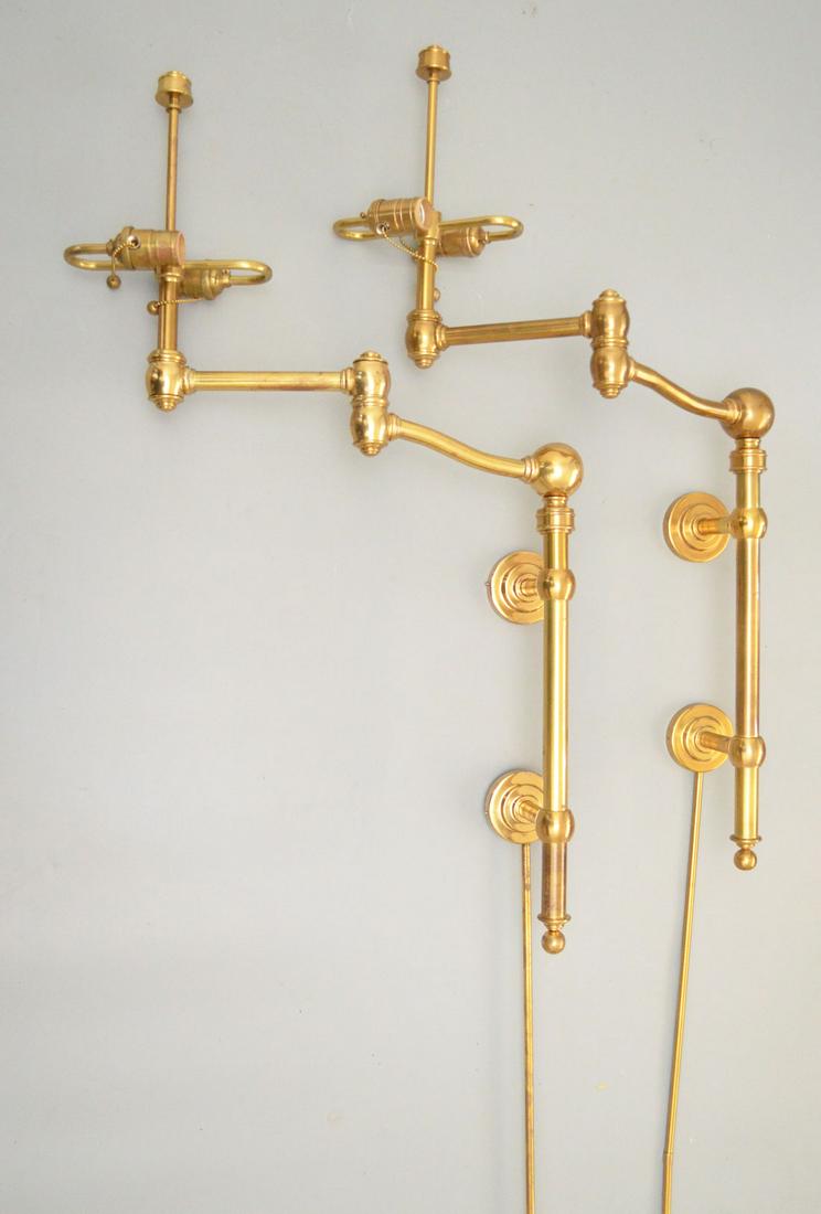 2 Ralph Lauren Sargent Sconces / Wall Lamps: They measure approx. 35" long with 24" swing of arm, with tubes measure approx. 36" long from the bottom of the round wall plate to the bottom. Have some color variations, could use a polish.