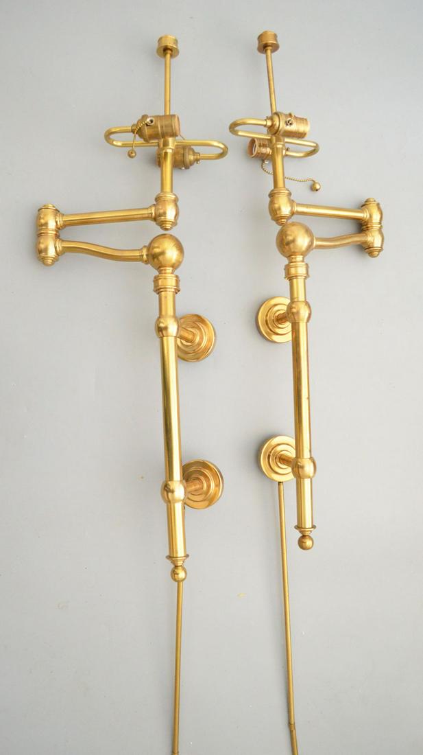 2 Ralph Lauren Sargent Sconces / Wall Lamps: They measure approx. 35" long with 24" swing of arm, with tubes measure approx. 36" long from the bottom of the round wall plate to the bottom. Have some color variations, could use a polish.