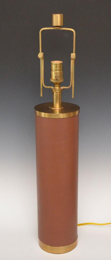 Ralph Lauren Brown Leather & Bronze Stitched Lamp: Measures 28.25" tall total (but with adjustable harp), column portion measures 17.75" tall x 5" diameter at the base. Some spotting on the bronze, small scuff to leather.