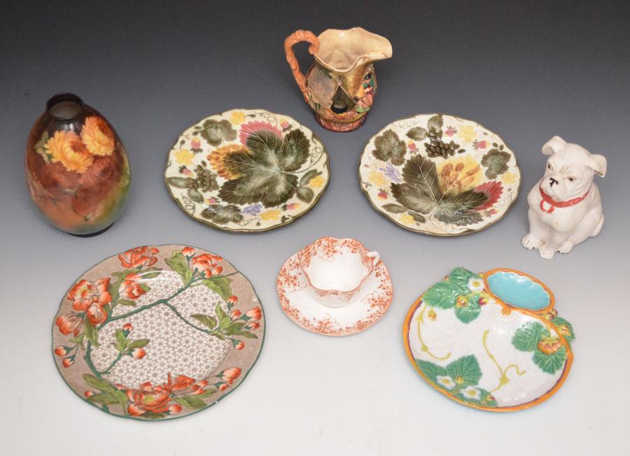 Fun British Lot (Majolica, Minton, Shelley): Lot includes : Plum blossoms plate (10 1/8"d), 2 Wedgewood fruit plates with grapes and strawberries (one repaired, 8.75"d), Minton's serving dish with strawberries (repaired, 8 3/8" x 8 1/8"), publis