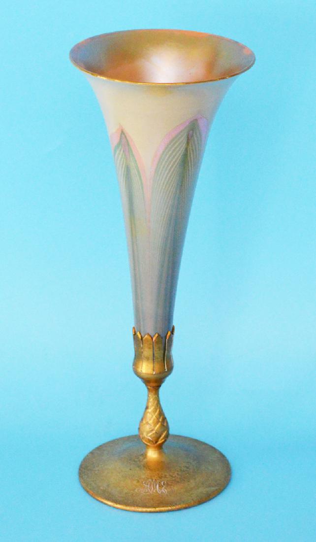 Tiffany Studios Bronze & LCT Favrile Vase: Measures 14.25" tall, vase measures 11" tall x 5.5" diameter at the top. Monogrammed on base, no damages to the glass.
