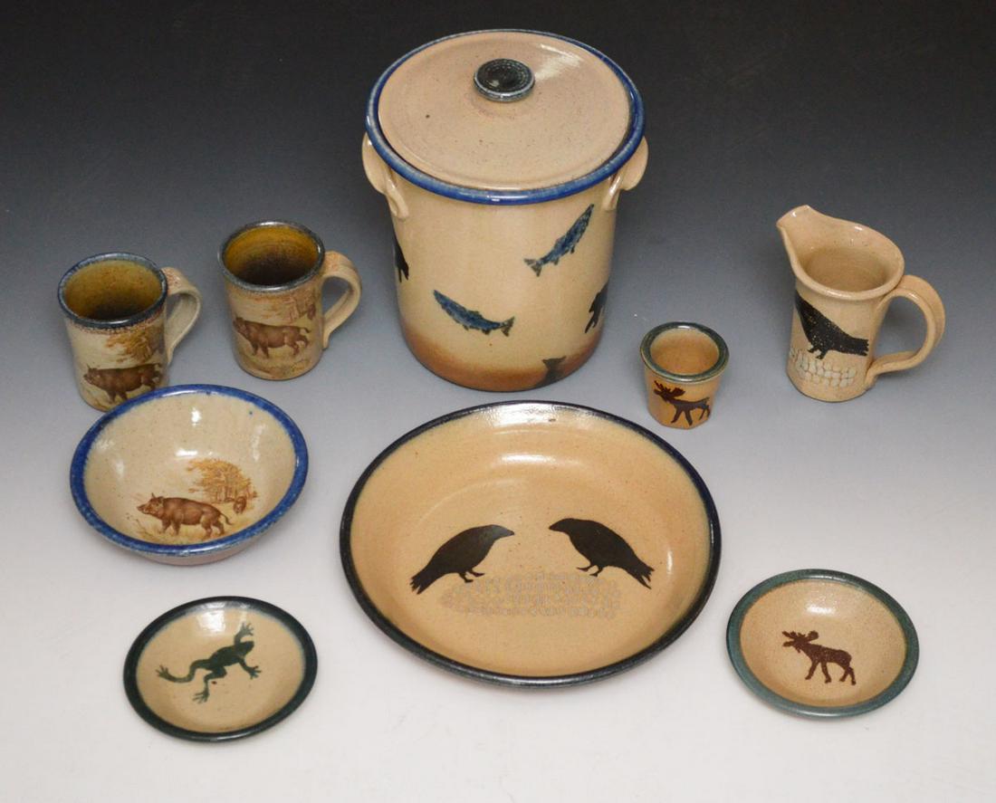 Monroe Salt Works Pottery inc Crow, Bear, Boar: Lot includes: 2 boar mugs (4"), crow & corn bowl (1.5" x 10.5" diameter), moose & frog sauce dishes (5 1/8"d), boar cereal bowl (2"t x 6.75"d), moose toothpick holder (2.25"t), bear & salmon covered c