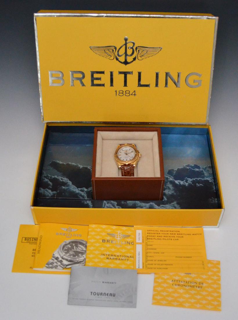 Breitling 18k Gold Headwind Watch: Brand : Breitling, Model : Windrider Headwind, Model Number : K45355, Case Diameter : 44 MM with brown Croc Veritable bracelet. Superb condition, really does not appear to have been worn. Estate fresh