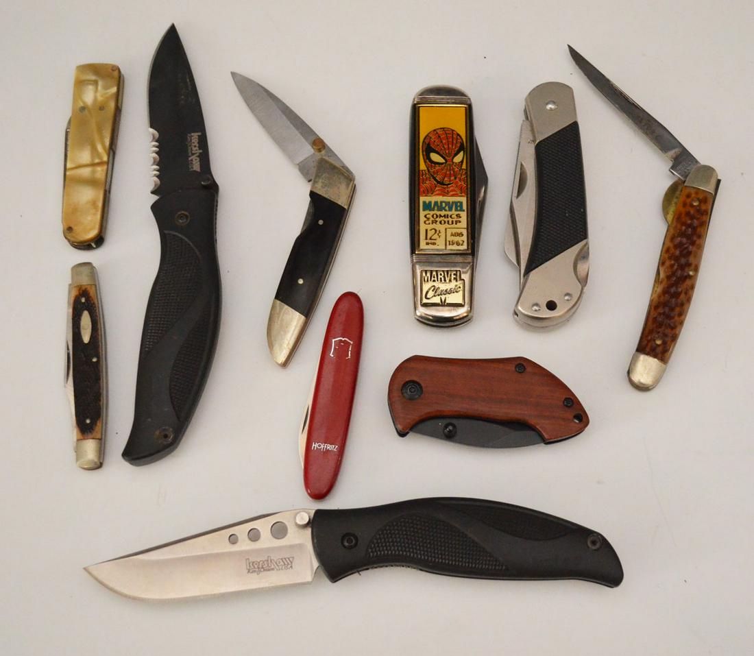 Lot of Knives (Kershaw, Parker, Marvel): Lot includes: 2 Kershaw1560 & 1550ST, Parker, Necina Fur Co Kutmaster, Marvel the Amazing Spider Man, Kershaw 8430, Boker DA33, celluloid , Swiss Army and a pen knife.