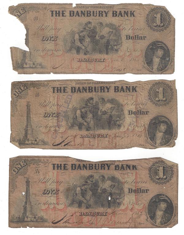 Five 19th Century Danbury Bank Bill 1 & 2 Dollars: Lot includes: Four $1 bills dated 1864, (2) 1862 and 1859. and three $2 bills 1854, 1865, 1862