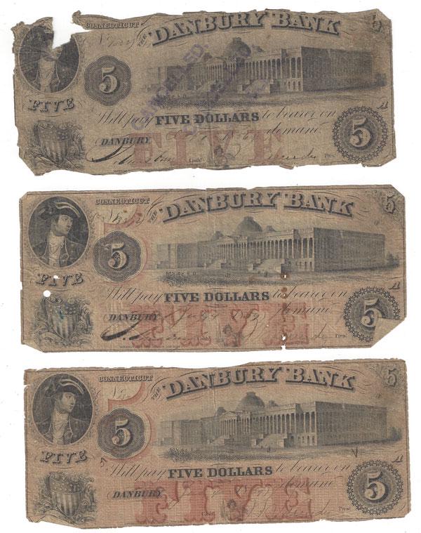 Three  19th Century Danbury Bank 5 Dollar Bills (1 of 2)
