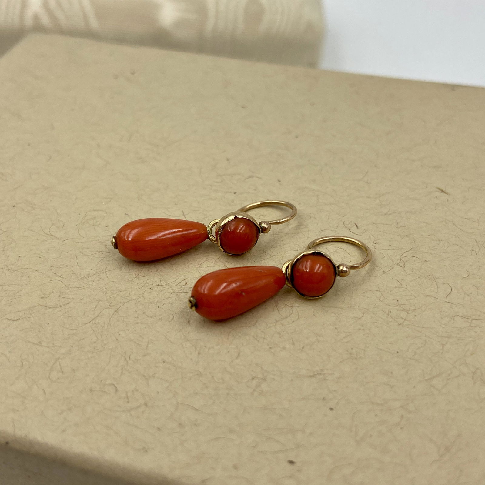 18K Gold Victorian Day/Night Coral Drop Earrings (1 of 3)