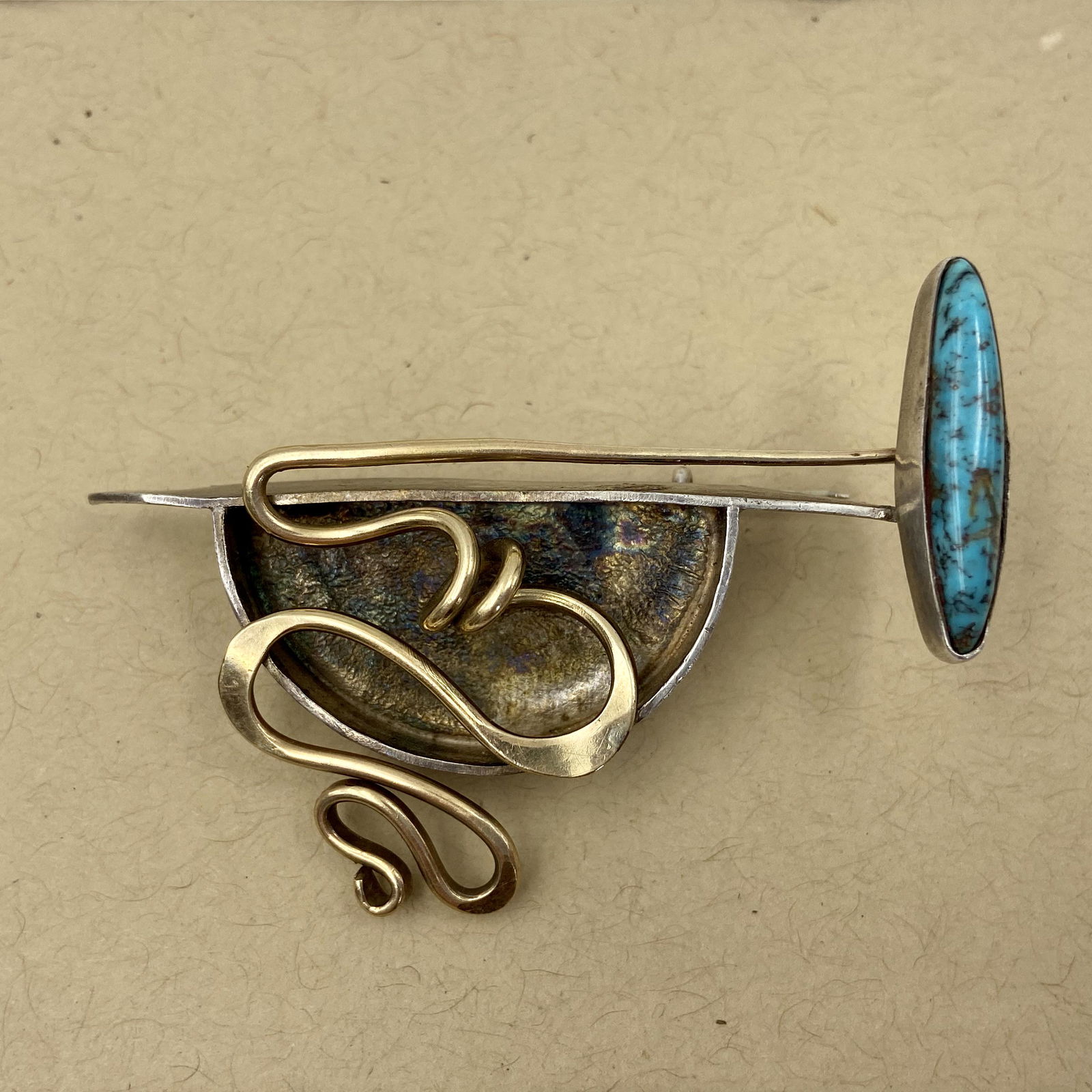 1950’s Modernist Gold Silver Turquoise Art Brooch (1 of 3)
