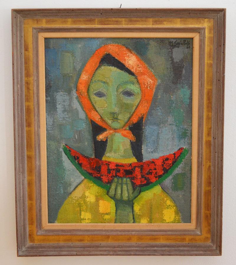 Mid Century Painting of Woman w Watermelon (1 of 3)