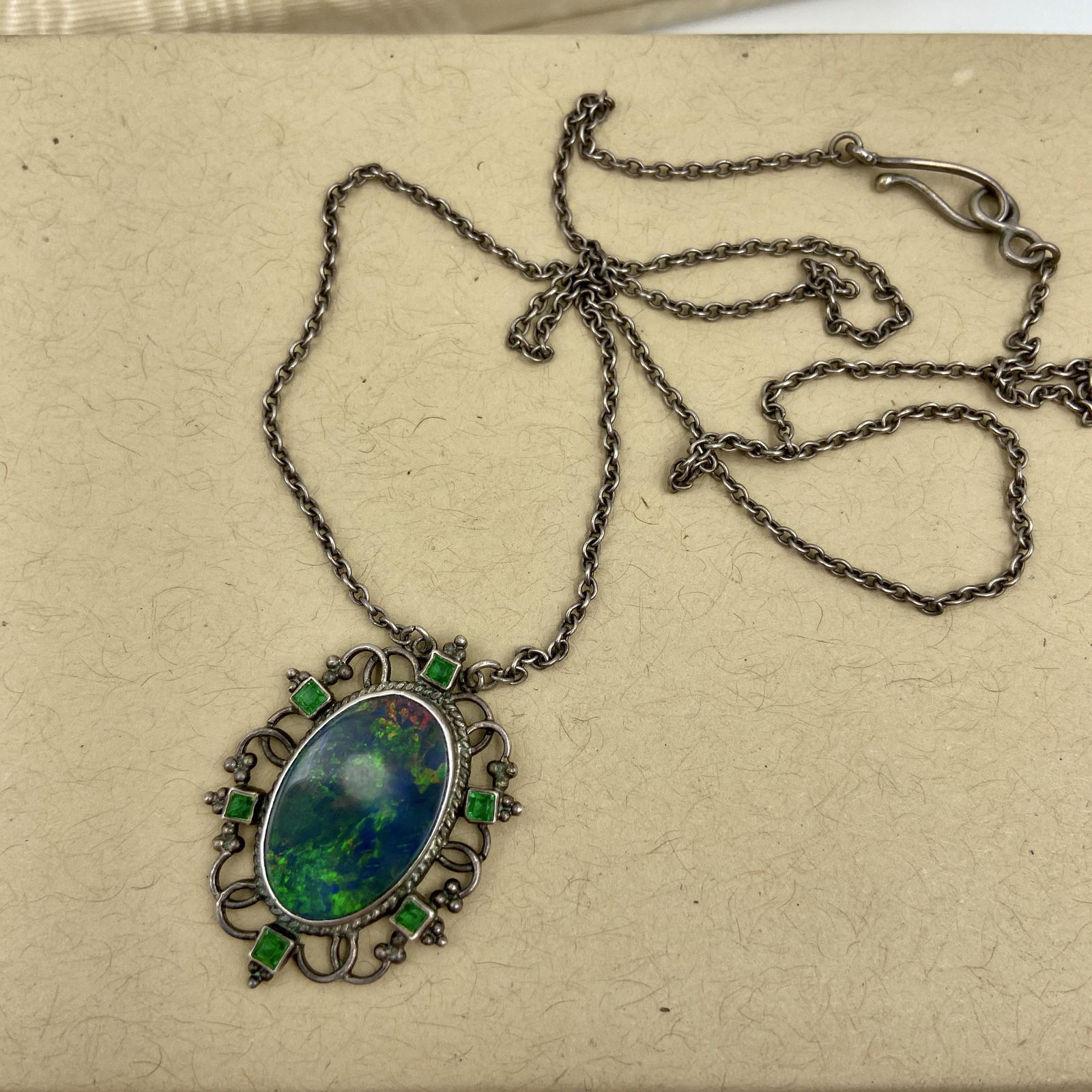 Art Nouveau Black Opal Emerald Silver Pendant (1 of 3)