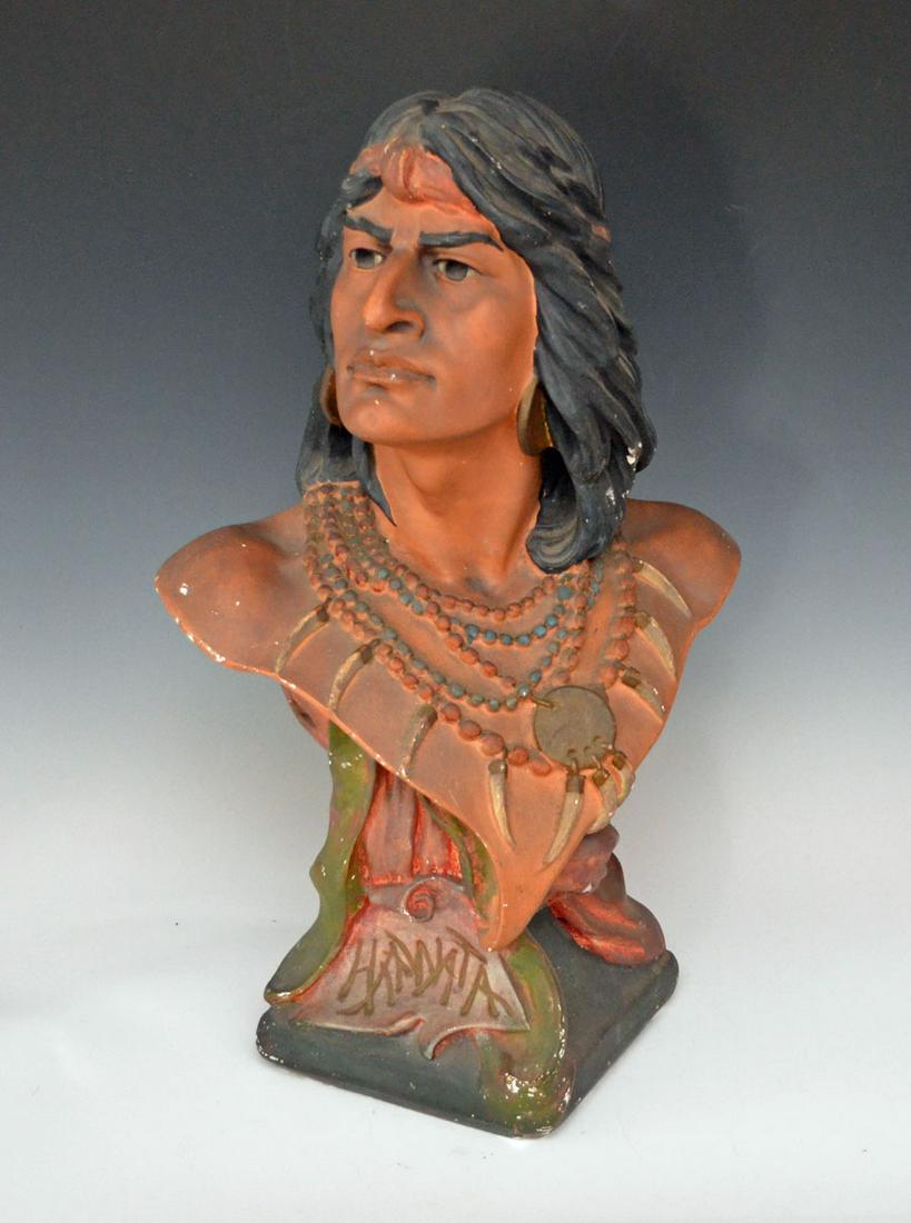 Hawata Plaster Cigar Store Indian Bust Statue: Measures approx. 19.5" tall x 6.5" square at the base. Has chipping throughout.