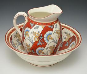 Antique Colorful Pitcher & Bowl (Minton?): Bowl measures 5" tall x 15.25": diameter at the top. The pitcher measures 10.5" tall. Both have some scratching, wear.