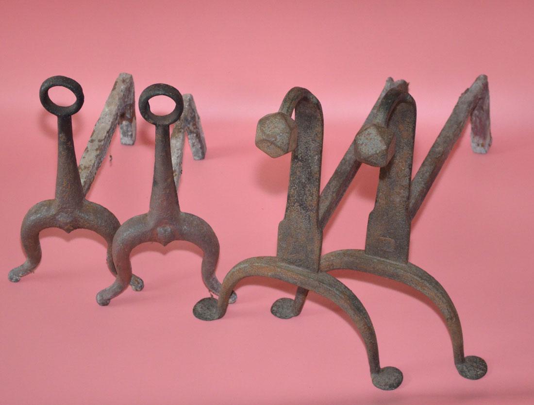 2 Sets Of Antique Iron Andirons: larger: 14"t x 10.5"w x approx. 16" deep. Smaller: 11"t x 6.5"w x 11 5/8" d