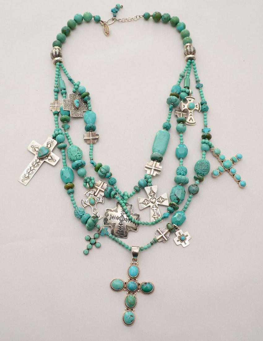 Incredible Kim Yubeta Sterling & Turquoise Necklace: Measures 27.5” long, includes crosses by Dakota T Willie, VJP, Jennie willie. From the Estate of The Well Known Paranormal Expert And Author Rosemary Ellen Guiley