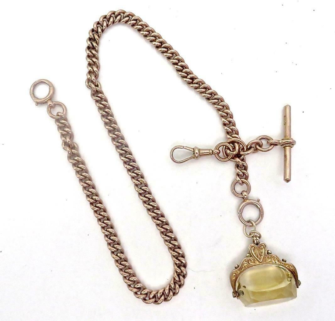 1904 English 9K Rose Gold Watch Chain w/ Citrine Fob (1 of 7)