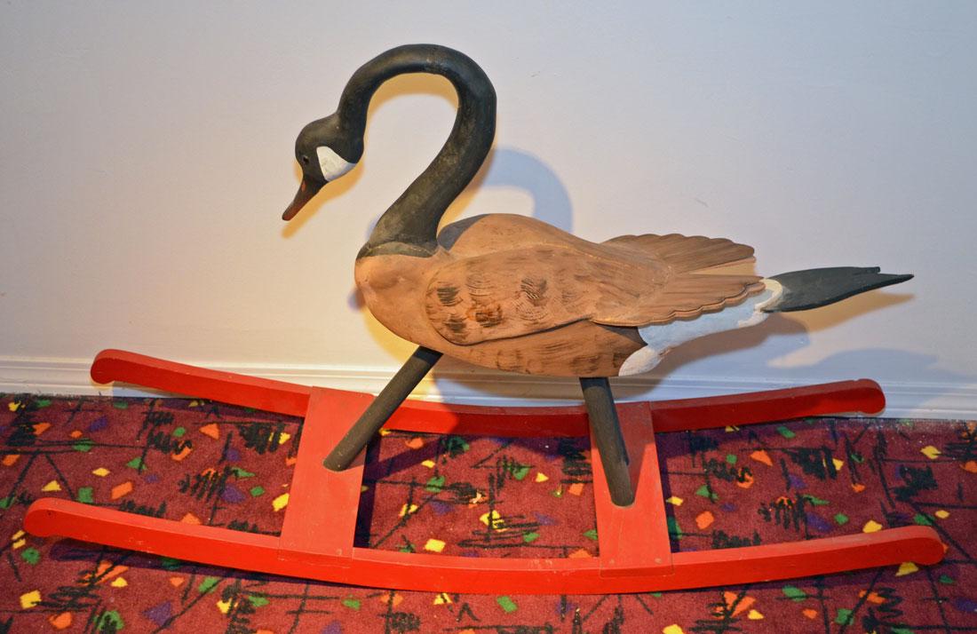 Whimsical Vintage Goose Decoy Rocker: Measures 30" tall x 50.5" long x 16" wide. Goose has some splitting in the wood.