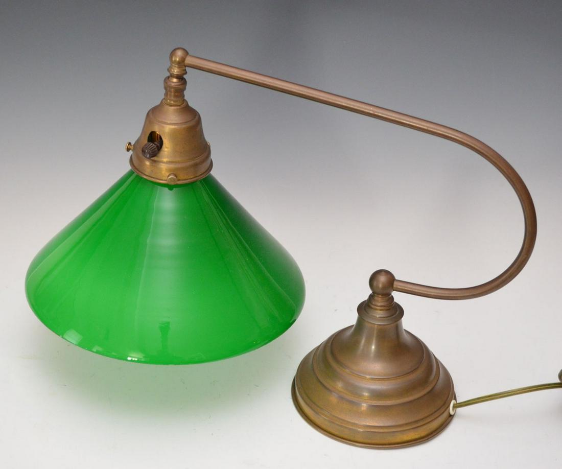 Interesting Vintage Piano Lamp with Green Glass Shade: Lamp measures 10.75” tall x 16” deep x 9 3/8 diameter