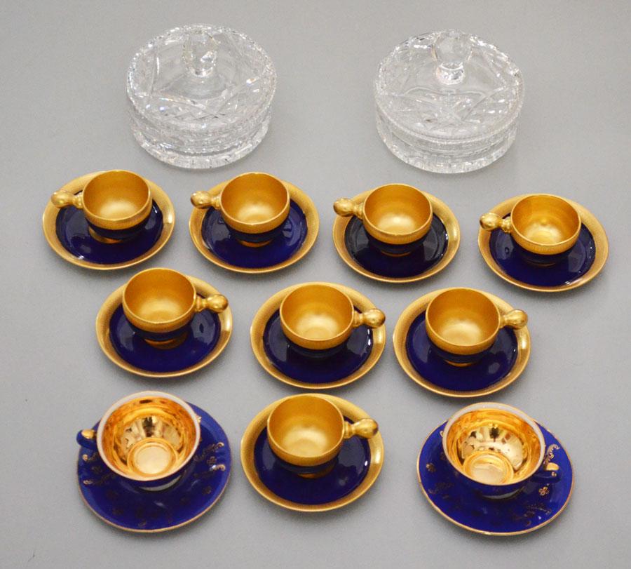 8 Lenox Cobalt & Gold Gilt Demi Tasse Cups & Saucers: Saucers measure 4.25" diameter, cups measure 1.5" t x 2.25"d at top. Winterling c: 1.5"t x 2 7/8"d s: 4.5"d (wear to blue). 2 Galway covered dishes 4.25"t x 5" diameter.