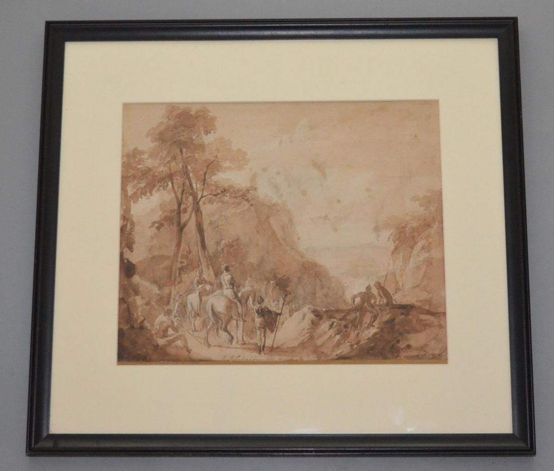 Early Gouache Painting Signed Chalon: JJ Chalon, 18c British Royal Academy painter. Frame: 23" x 21" image sight: 15.25" x 12.75". Has some spotting throughout