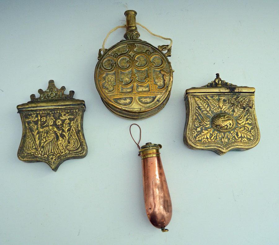 Lot of Brass Tobacco Boxes & Gunpowder Flask (1 of 2)