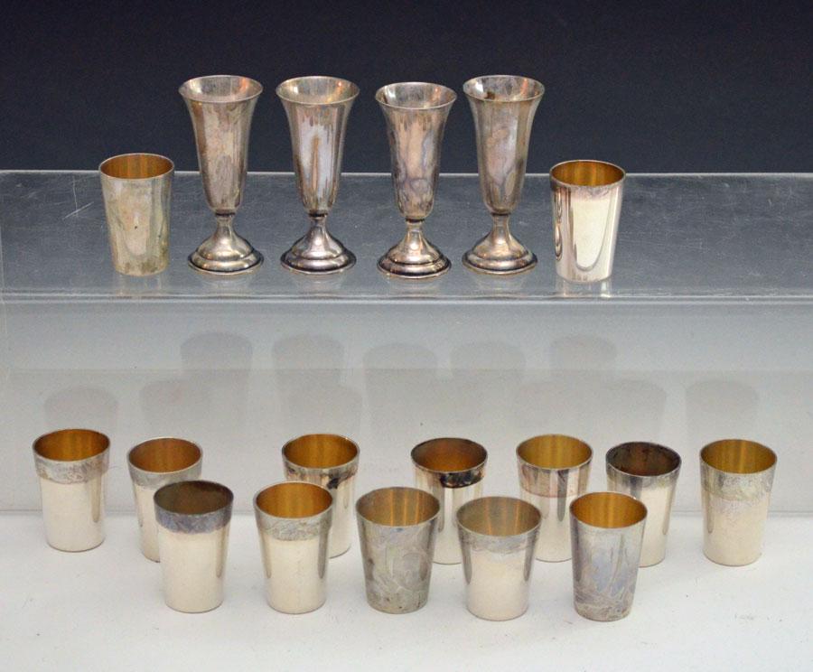 Lot of Sterling Silver Cordials & 800 Silver Shots: Includes 14 (800 silver) shots (1.75" to 1 5/8") and 4 sterling Randahl cordials (3"). Gross weight is 371.3grams