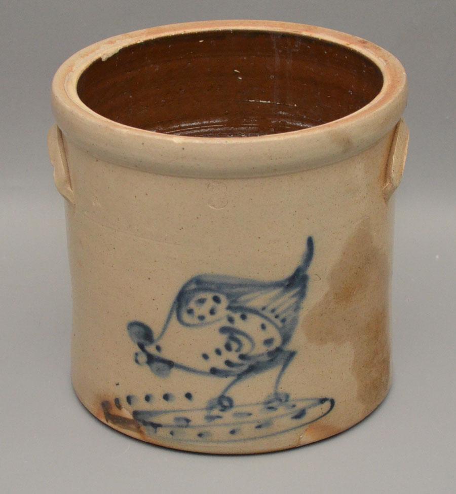 Large Stoneware Crock with Blue Painted Pecking Chicken (1 of 4)