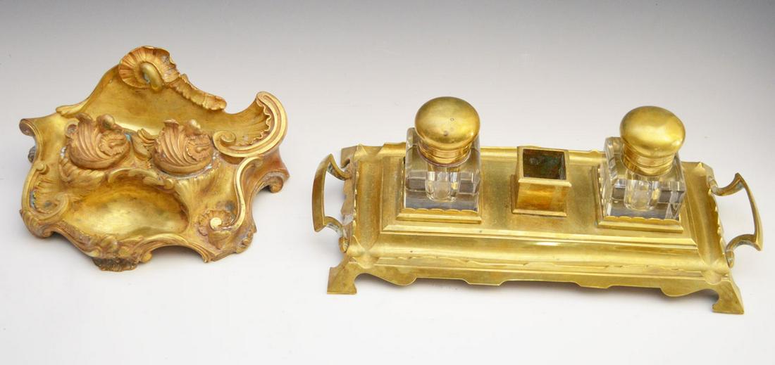 2 Inkwells (Bronze Baroque & Brass w Glass Inserts) (1 of 5)