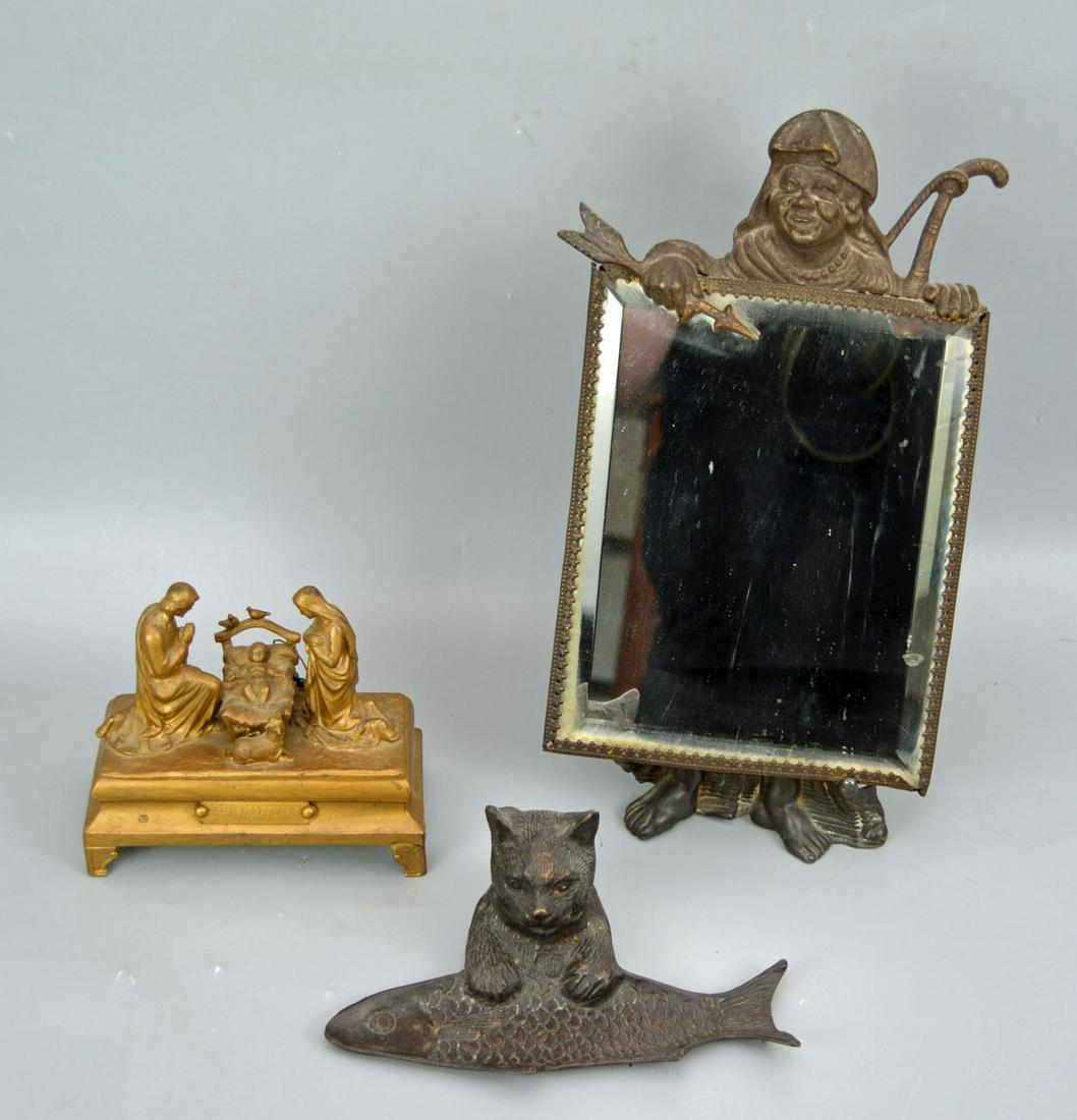 3 Antique Metal Items (Music Box, Pen Rest, Mirror) (1 of 5)
